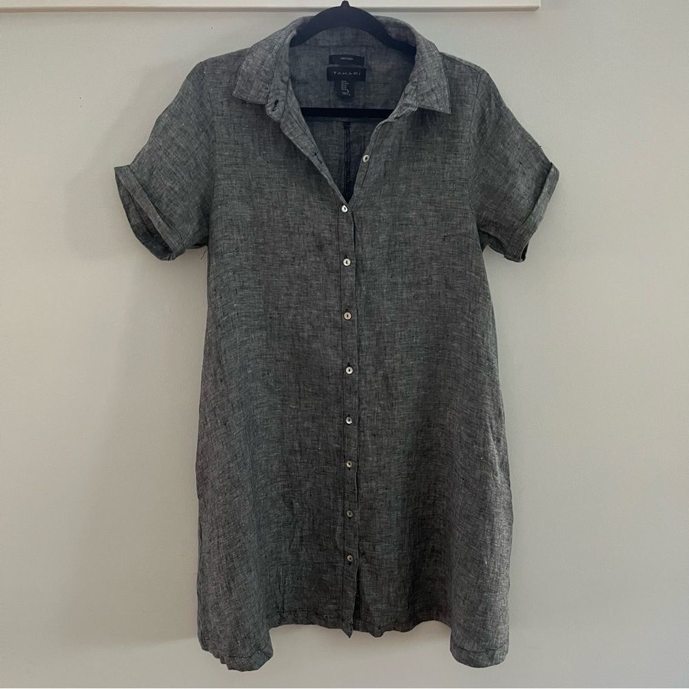Tahari 100% Linen Dress With Chambray Coloring and convenient side pocket M